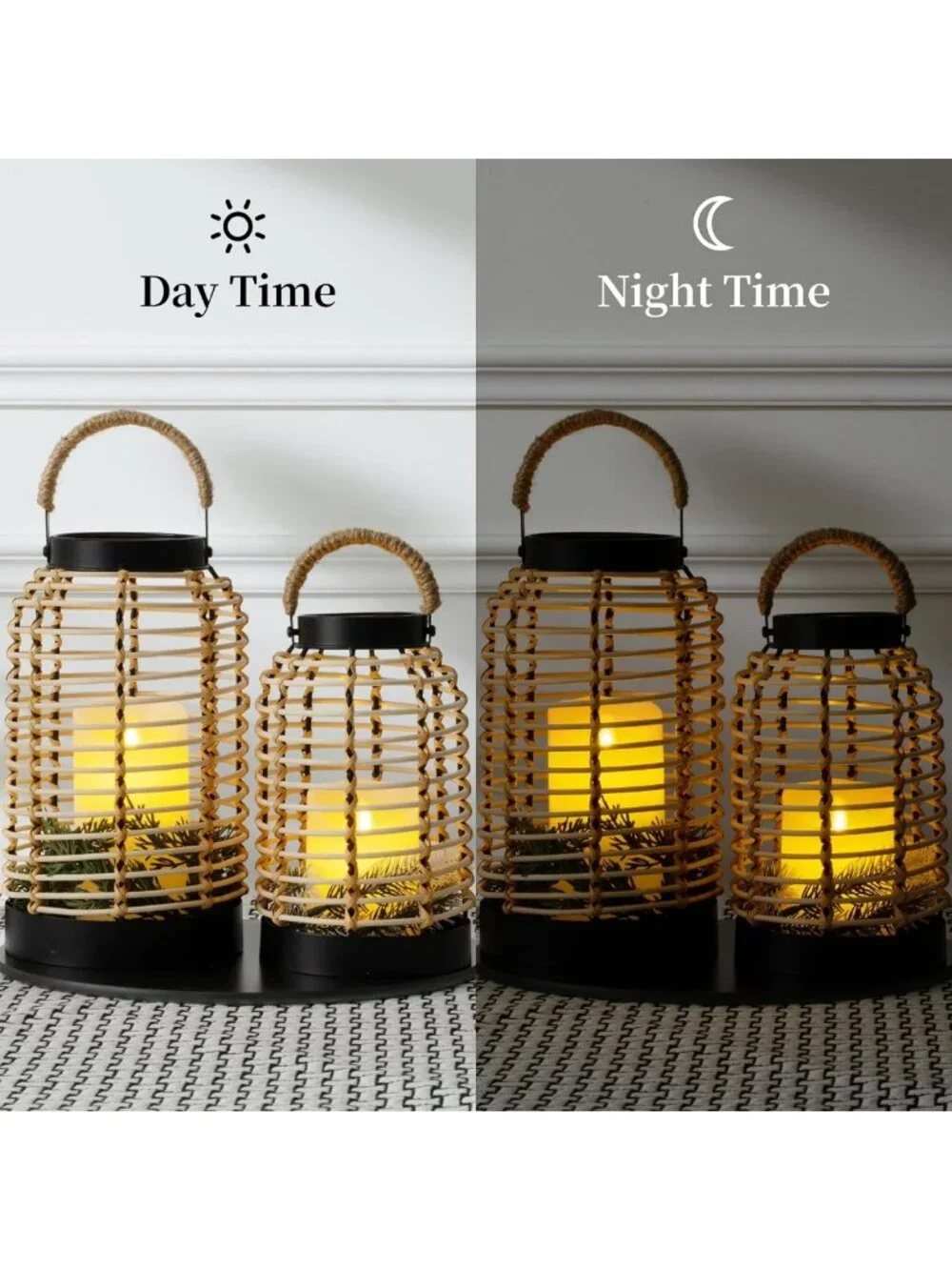 Handwoven Rattan Lantern Set with Straw Handle, Boho Chic Decor for Patio & Home